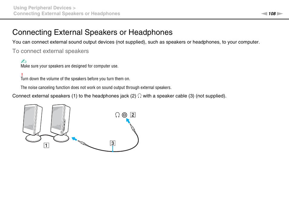 Connecting external speakers or headphones | Sony VAIO VPCZ12 SERIES User Manual | Page 108 / 209