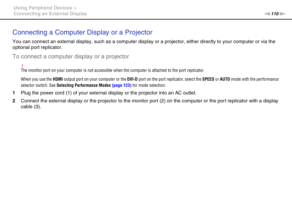 Connecting a computer display or a projector | Sony VAIO VPCZ12 SERIES User Manual | Page 110 / 209