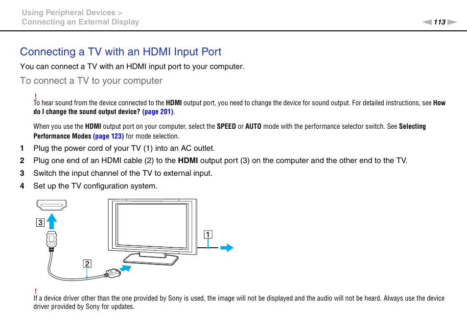 Connecting a tv with an hdmi input port | Sony VAIO VPCZ12 SERIES User Manual | Page 113 / 209