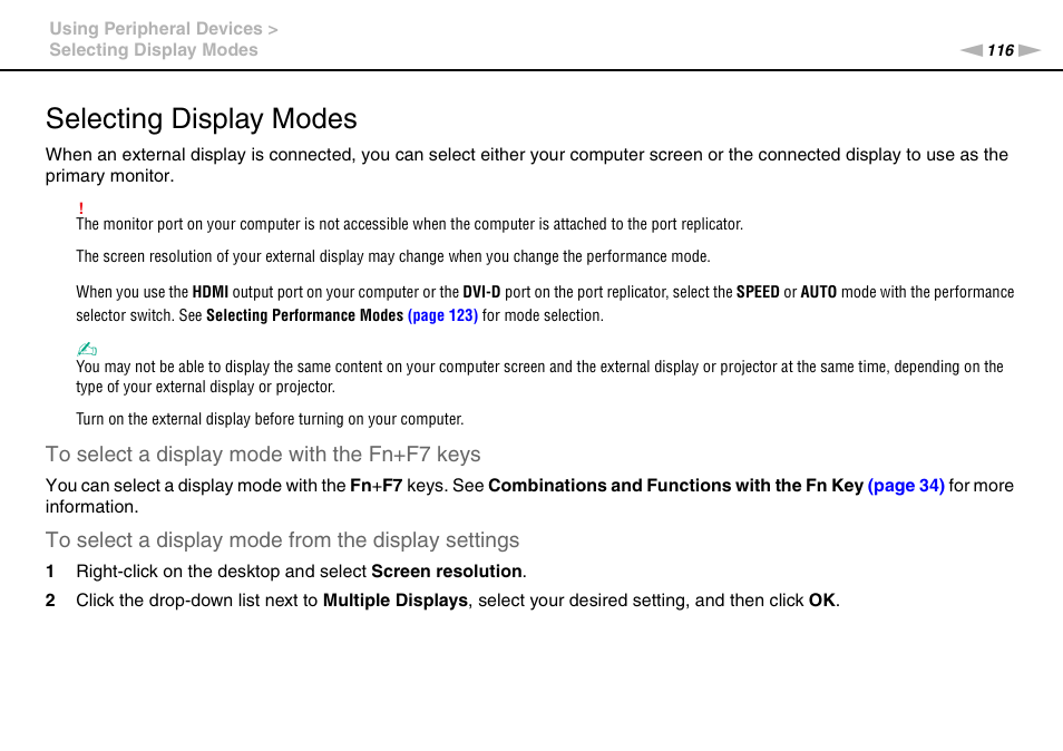 Selecting display modes | Sony VAIO VPCZ12 SERIES User Manual | Page 116 / 209