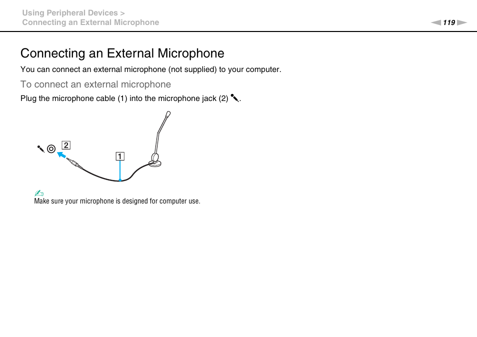 Connecting an external microphone | Sony VAIO VPCZ12 SERIES User Manual | Page 119 / 209