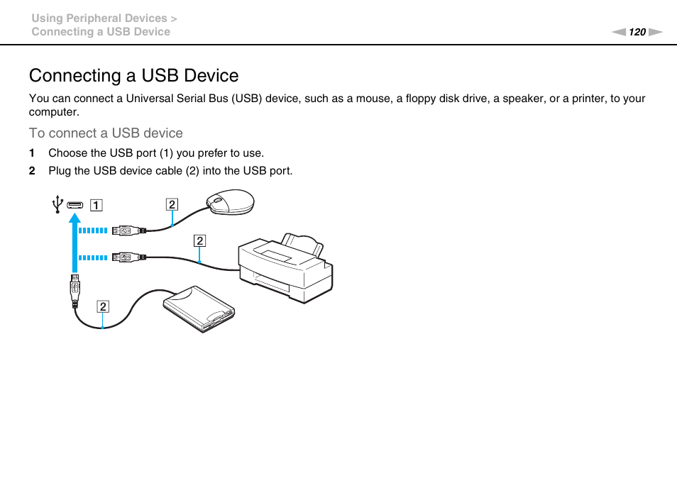 Connecting a usb device | Sony VAIO VPCZ12 SERIES User Manual | Page 120 / 209