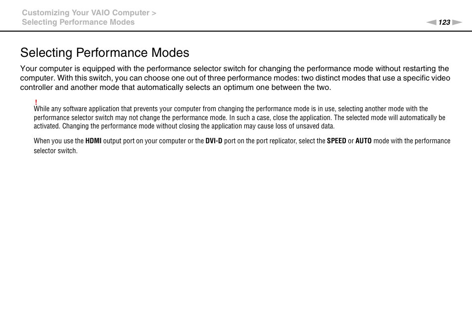 Selecting performance modes | Sony VAIO VPCZ12 SERIES User Manual | Page 123 / 209