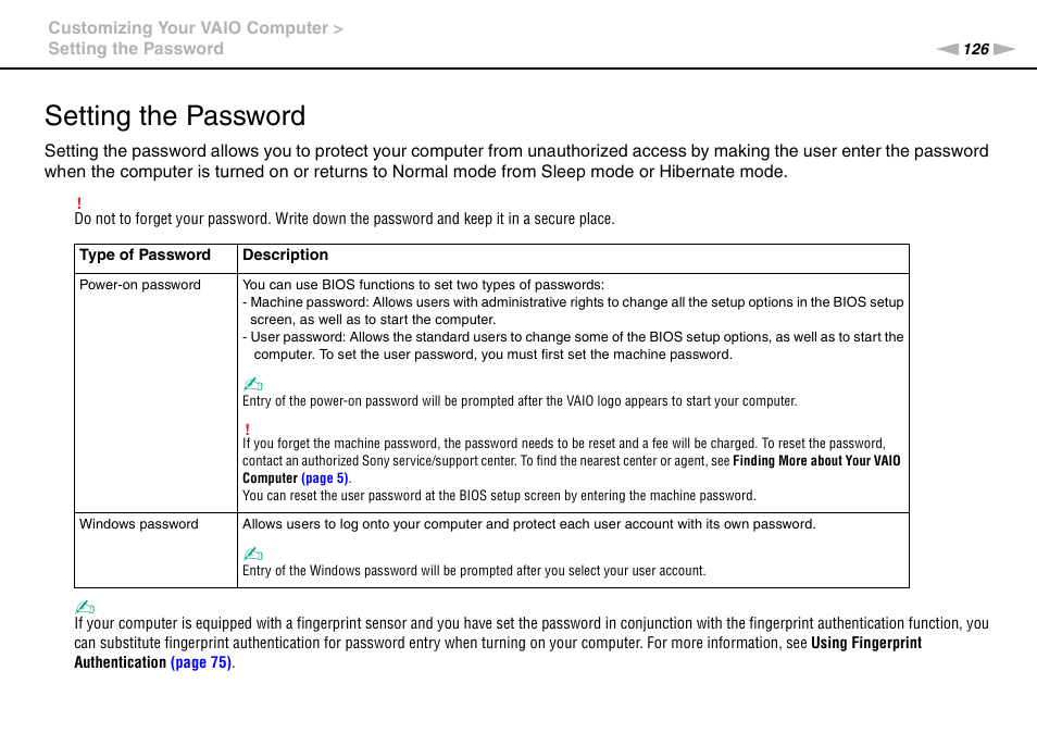 Setting the password | Sony VAIO VPCZ12 SERIES User Manual | Page 126 / 209