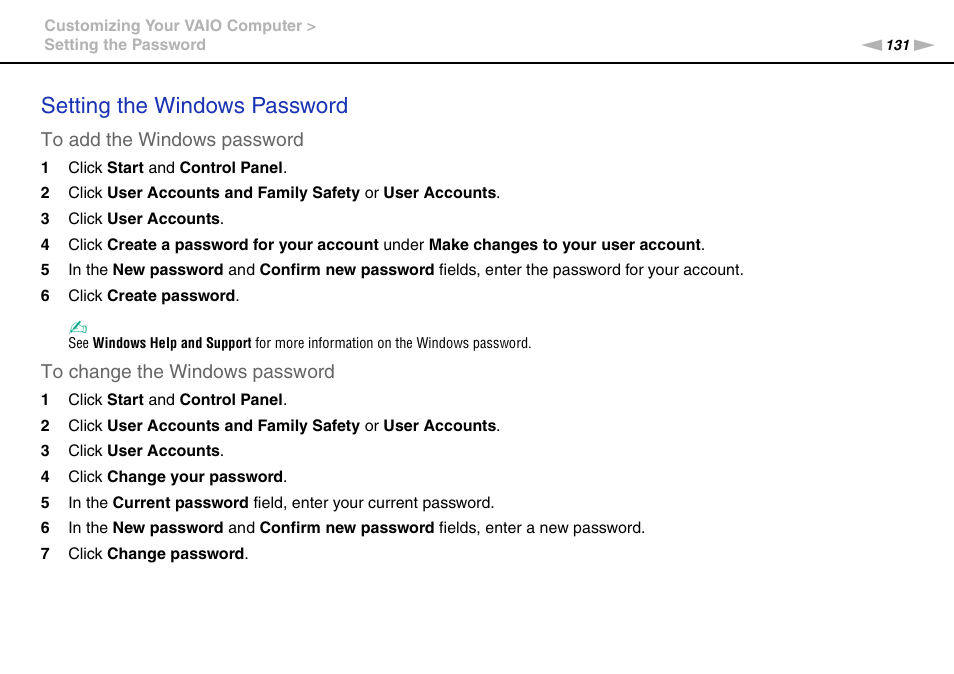 Setting the windows password | Sony VAIO VPCZ12 SERIES User Manual | Page 131 / 209