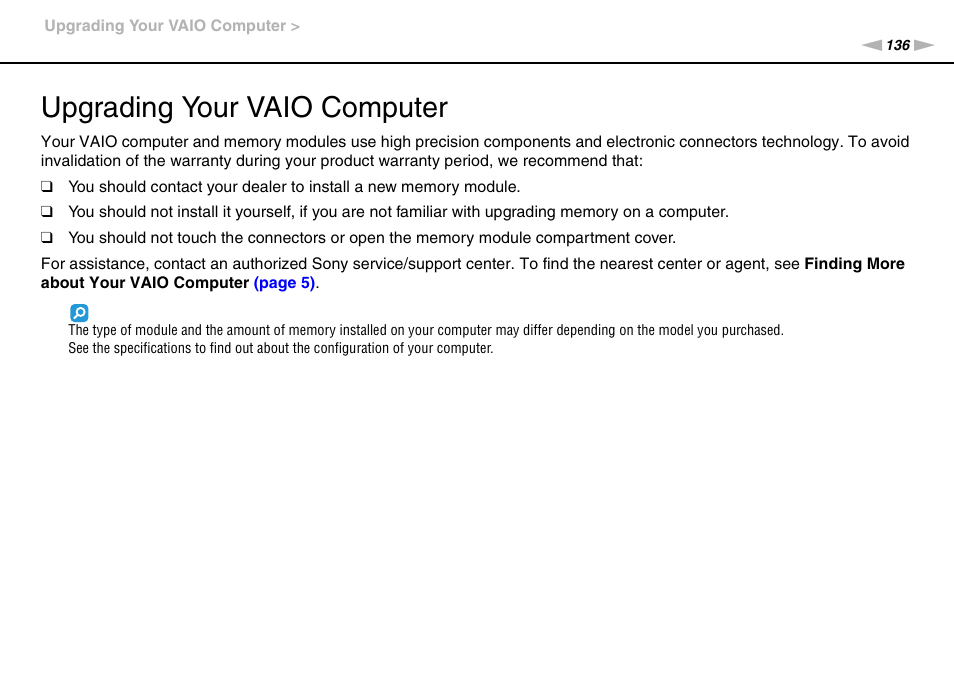 Upgrading your vaio computer | Sony VAIO VPCZ12 SERIES User Manual | Page 136 / 209