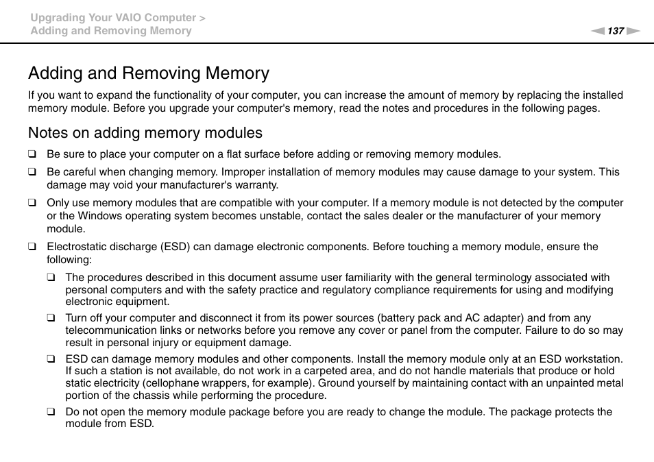 Adding and removing memory | Sony VAIO VPCZ12 SERIES User Manual | Page 137 / 209