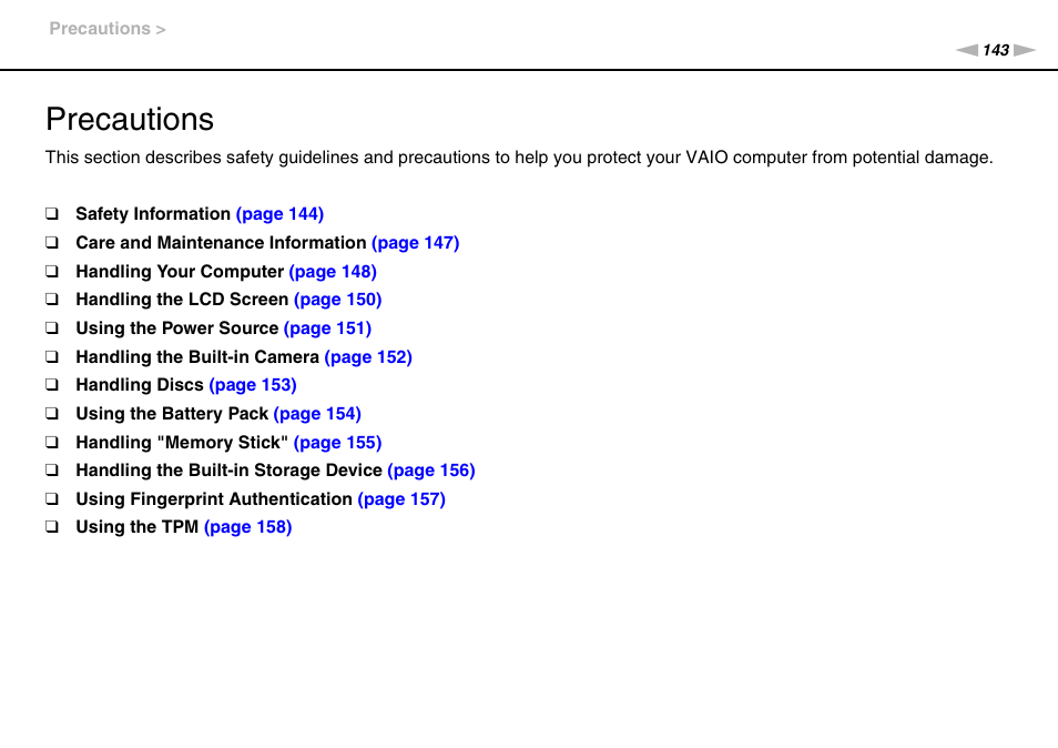 Precautions | Sony VAIO VPCZ12 SERIES User Manual | Page 143 / 209