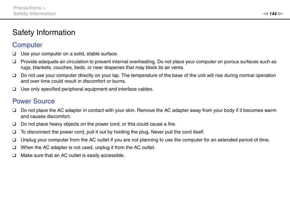 Safety information, Computer, Power source | Sony VAIO VPCZ12 SERIES User Manual | Page 144 / 209