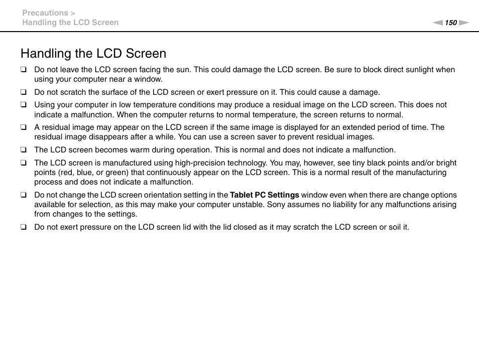 Handling the lcd screen | Sony VAIO VPCZ12 SERIES User Manual | Page 150 / 209