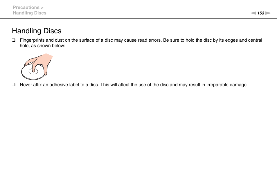 Handling discs | Sony VAIO VPCZ12 SERIES User Manual | Page 153 / 209