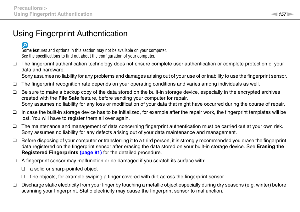 Using fingerprint authentication | Sony VAIO VPCZ12 SERIES User Manual | Page 157 / 209