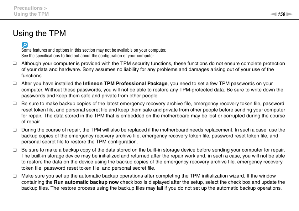 Using the tpm | Sony VAIO VPCZ12 SERIES User Manual | Page 158 / 209