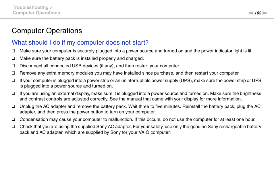 Computer operations, What should i do if my computer does not start | Sony VAIO VPCZ12 SERIES User Manual | Page 162 / 209