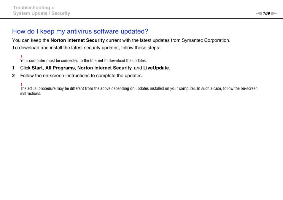 How do i keep my antivirus software updated | Sony VAIO VPCZ12 SERIES User Manual | Page 169 / 209