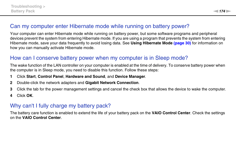 Why can't i fully charge my battery pack | Sony VAIO VPCZ12 SERIES User Manual | Page 174 / 209