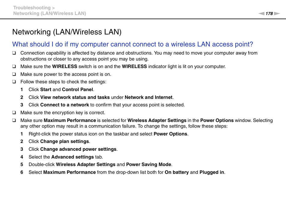 Networking (lan/wireless lan) | Sony VAIO VPCZ12 SERIES User Manual | Page 178 / 209