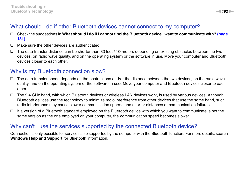 Why is my bluetooth connection slow | Sony VAIO VPCZ12 SERIES User Manual | Page 182 / 209