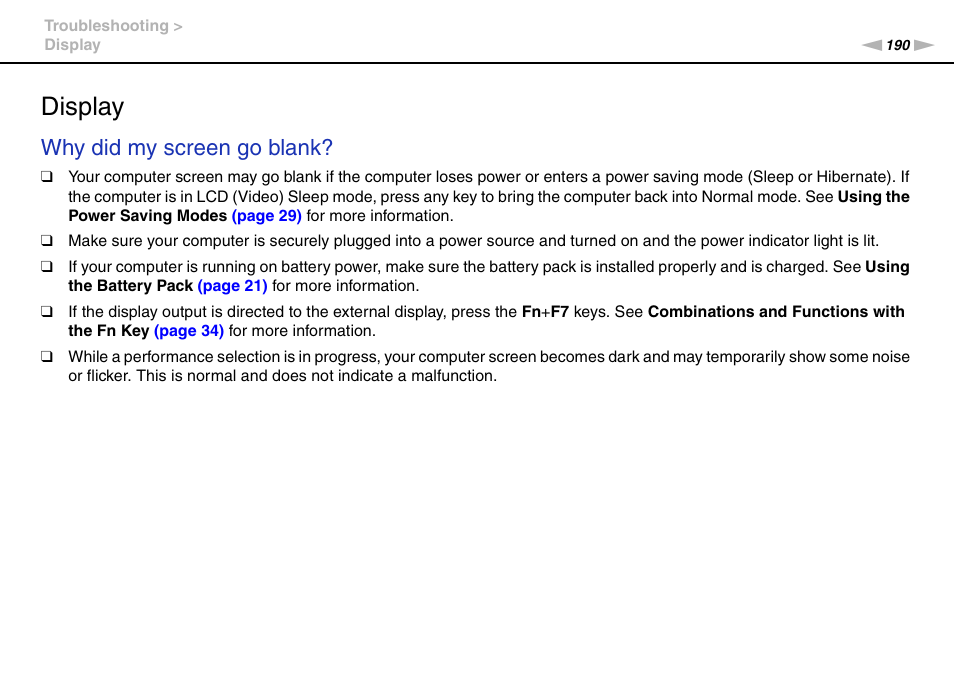 Display, Why did my screen go blank | Sony VAIO VPCZ12 SERIES User Manual | Page 190 / 209