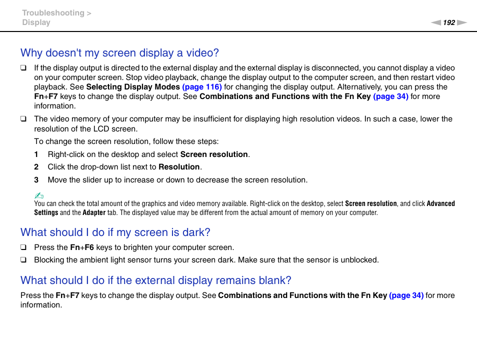 Why doesn't my screen display a video, What should i do if my screen is dark | Sony VAIO VPCZ12 SERIES User Manual | Page 192 / 209