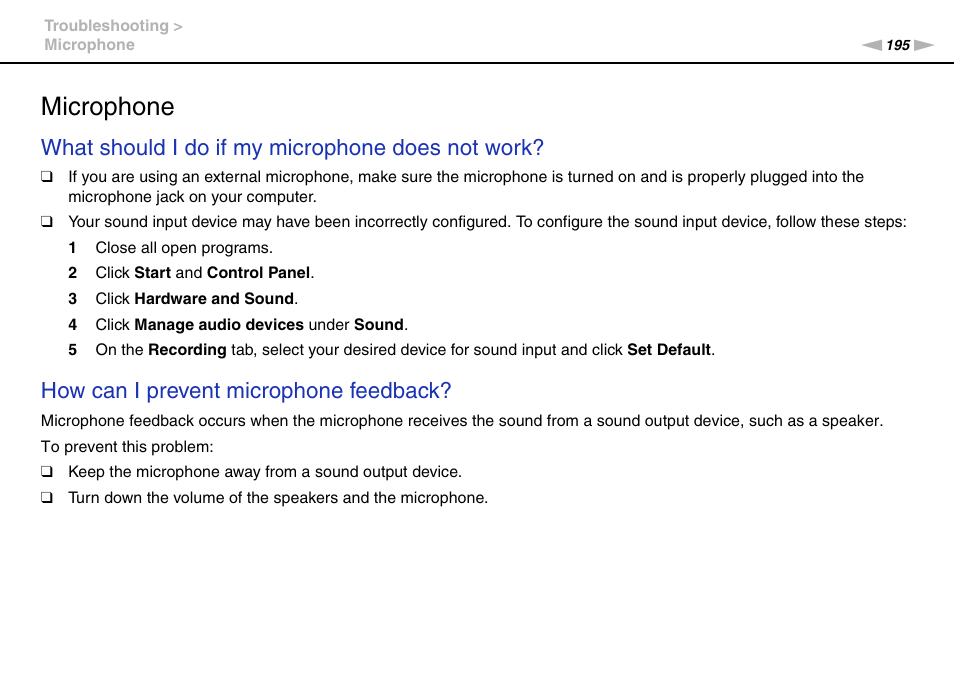 Microphone, What should i do if my microphone does not work, How can i prevent microphone feedback | Sony VAIO VPCZ12 SERIES User Manual | Page 195 / 209