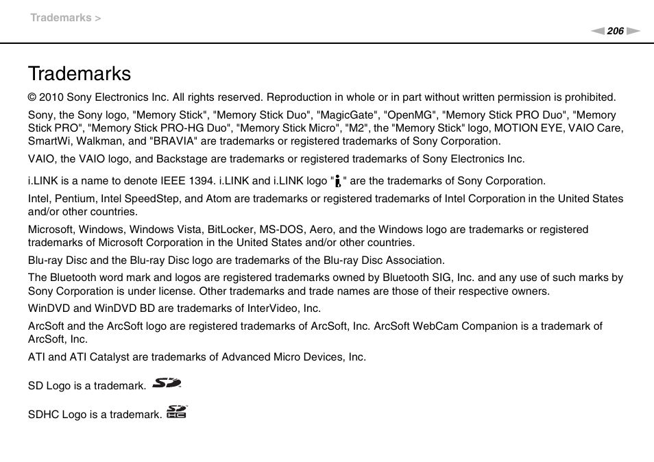 Trademarks | Sony VAIO VPCZ12 SERIES User Manual | Page 206 / 209