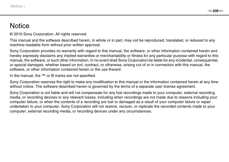 Notice | Sony VAIO VPCZ12 SERIES User Manual | Page 208 / 209