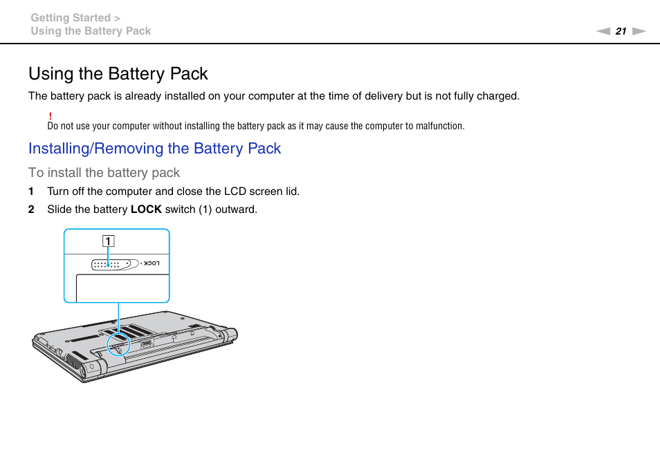 Using the battery pack, Installing/removing the battery pack | Sony VAIO VPCZ12 SERIES User Manual | Page 21 / 209