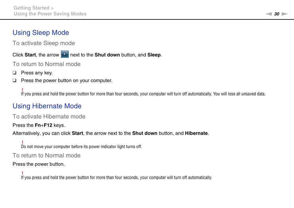 Using sleep mode, Using hibernate mode | Sony VAIO VPCZ12 SERIES User Manual | Page 30 / 209