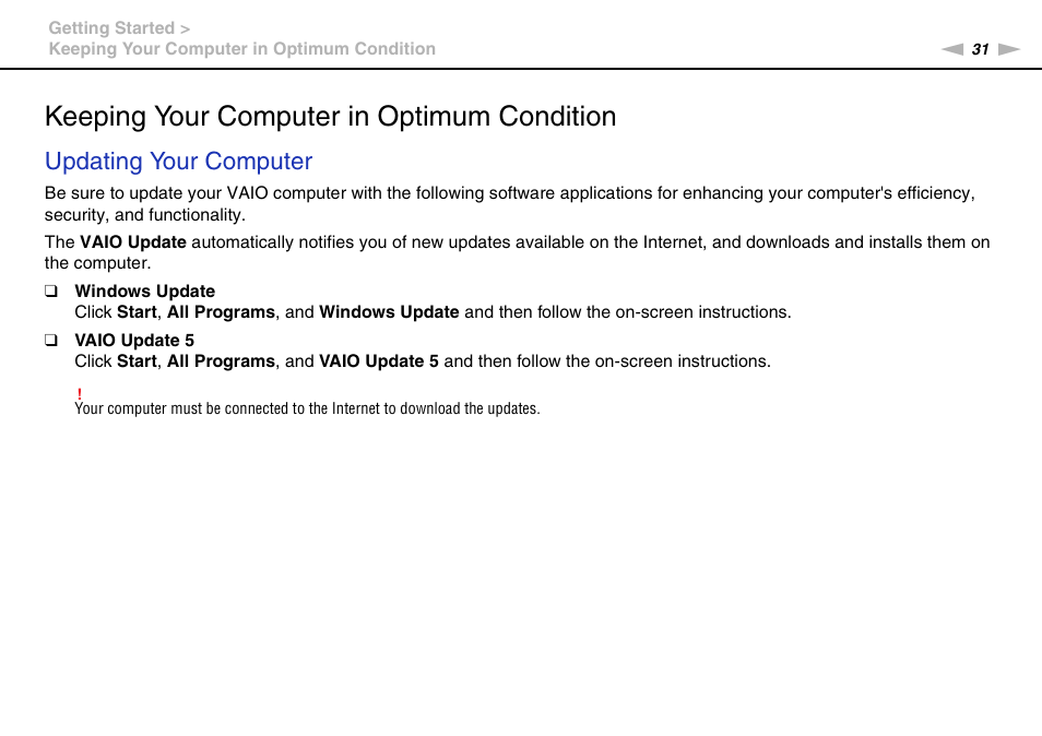 Keeping your computer in optimum condition, Updating your computer | Sony VAIO VPCZ12 SERIES User Manual | Page 31 / 209