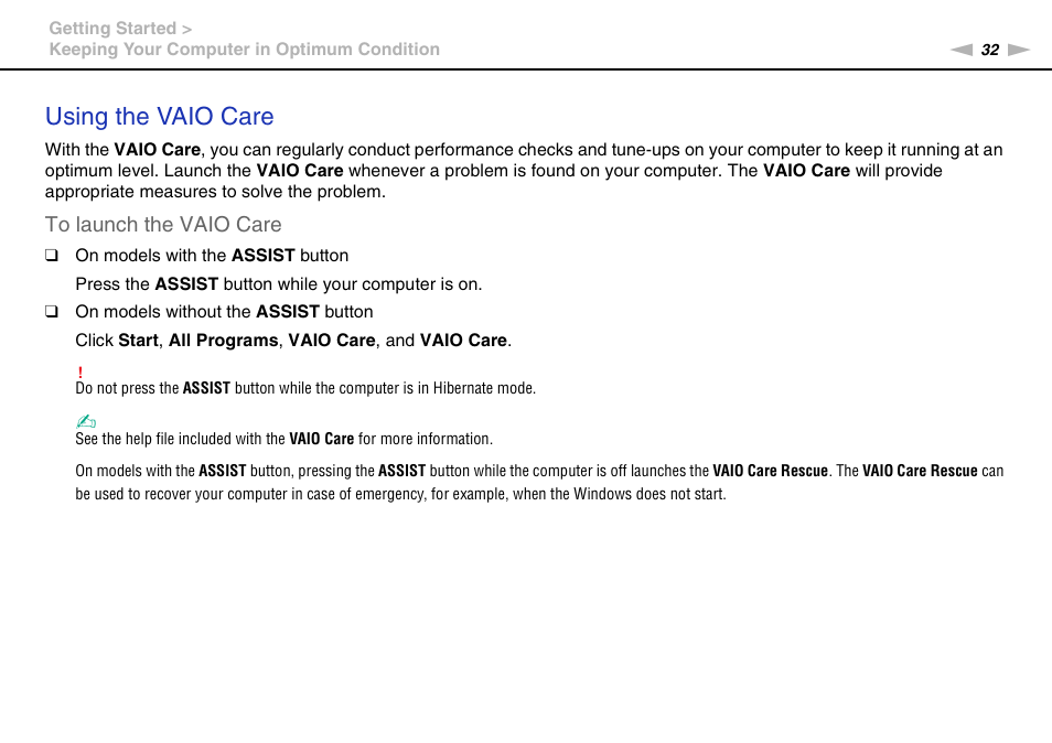 Using the vaio care | Sony VAIO VPCZ12 SERIES User Manual | Page 32 / 209