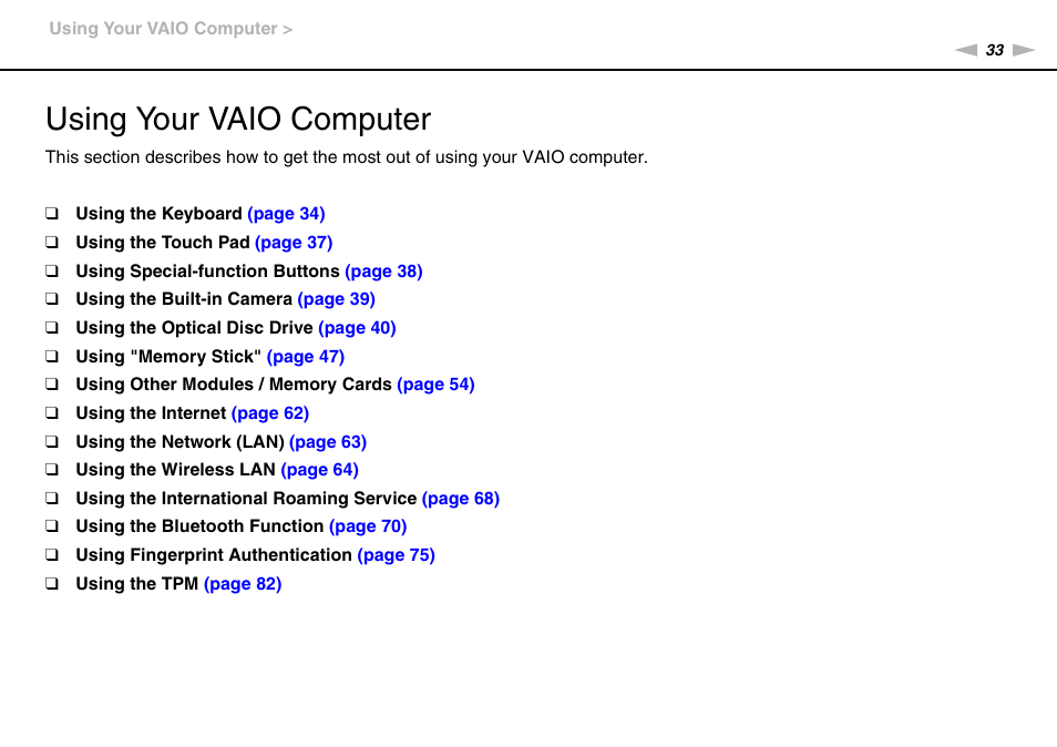 Using your vaio computer | Sony VAIO VPCZ12 SERIES User Manual | Page 33 / 209