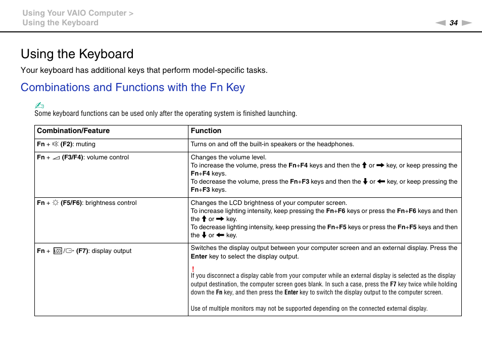 Using the keyboard, Combinations and functions with the fn key | Sony VAIO VPCZ12 SERIES User Manual | Page 34 / 209