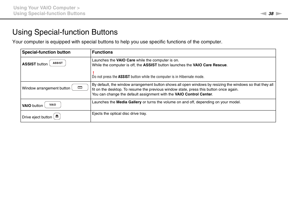 Using special-function buttons | Sony VAIO VPCZ12 SERIES User Manual | Page 38 / 209