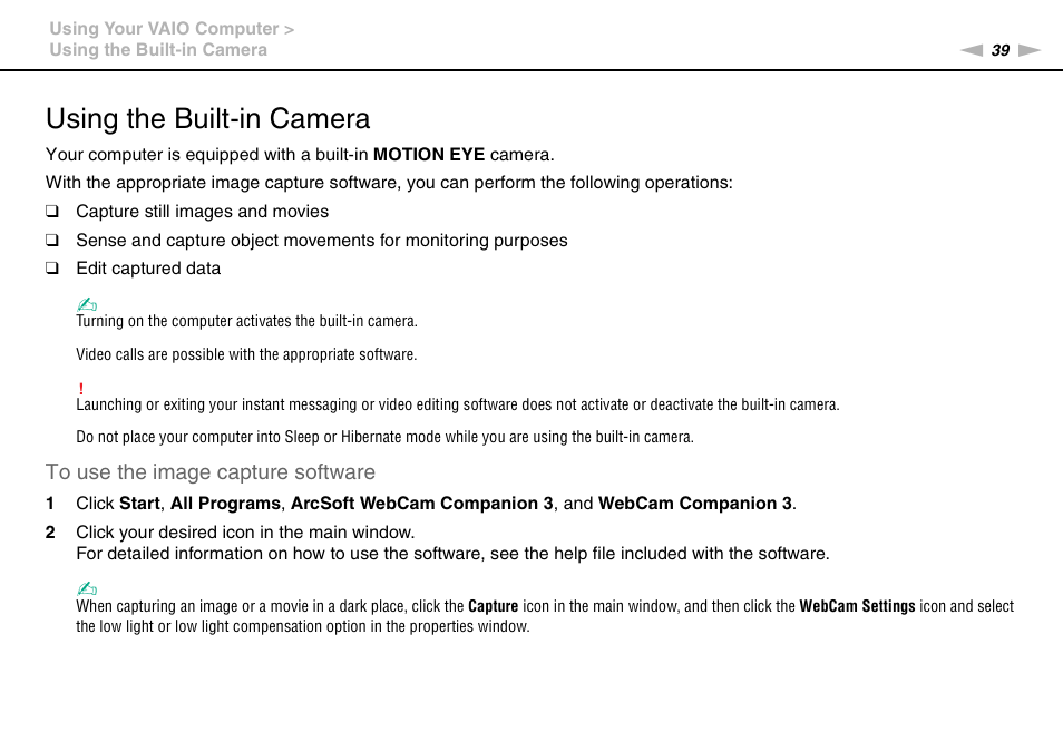 Using the built-in camera | Sony VAIO VPCZ12 SERIES User Manual | Page 39 / 209