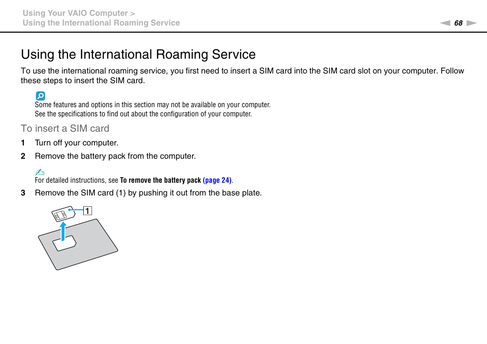 Using the international roaming service | Sony VAIO VPCZ12 SERIES User Manual | Page 68 / 209