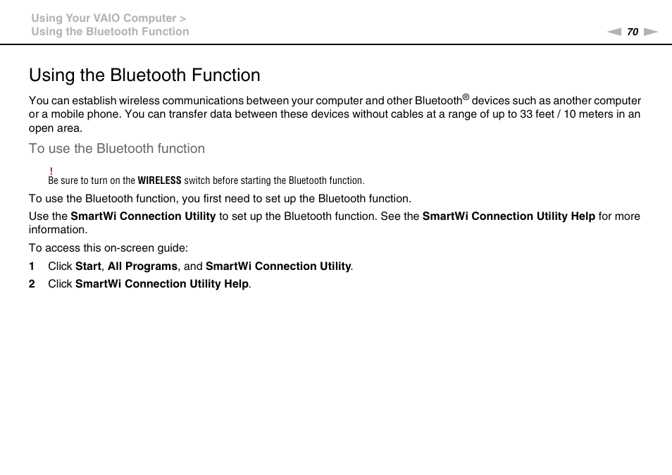 Using the bluetooth function, Tion | Sony VAIO VPCZ12 SERIES User Manual | Page 70 / 209