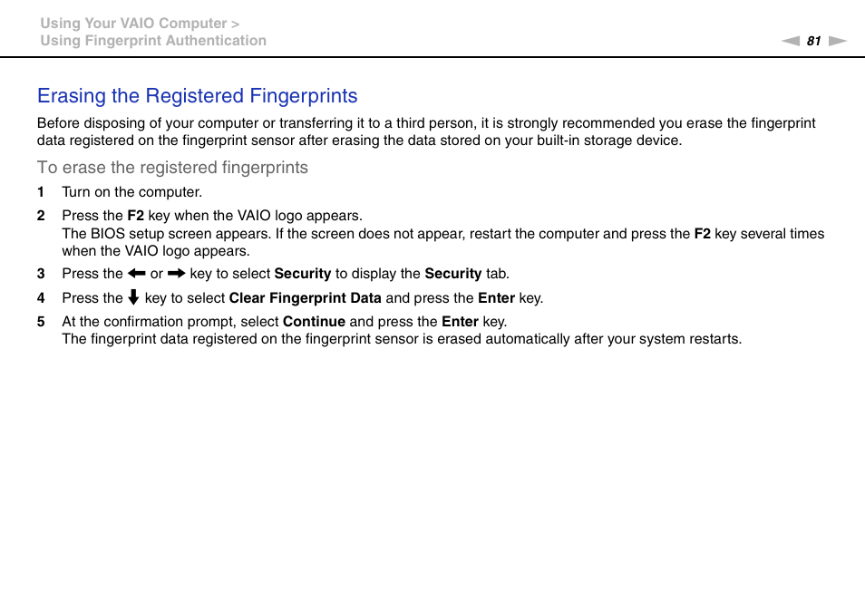 Erasing the registered fingerprints | Sony VAIO VPCZ12 SERIES User Manual | Page 81 / 209