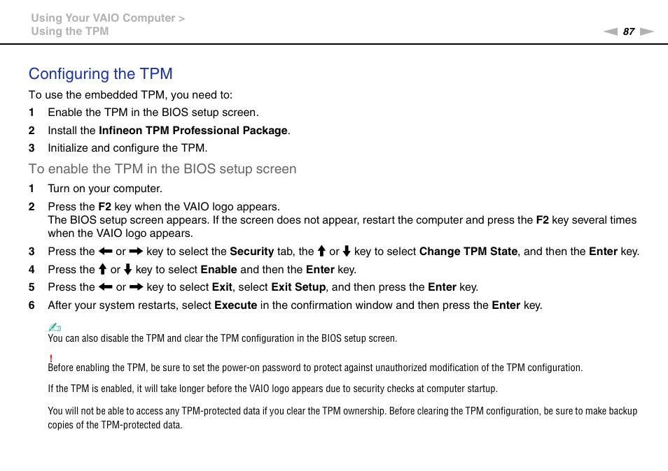 Configuring the tpm | Sony VAIO VPCZ12 SERIES User Manual | Page 87 / 209