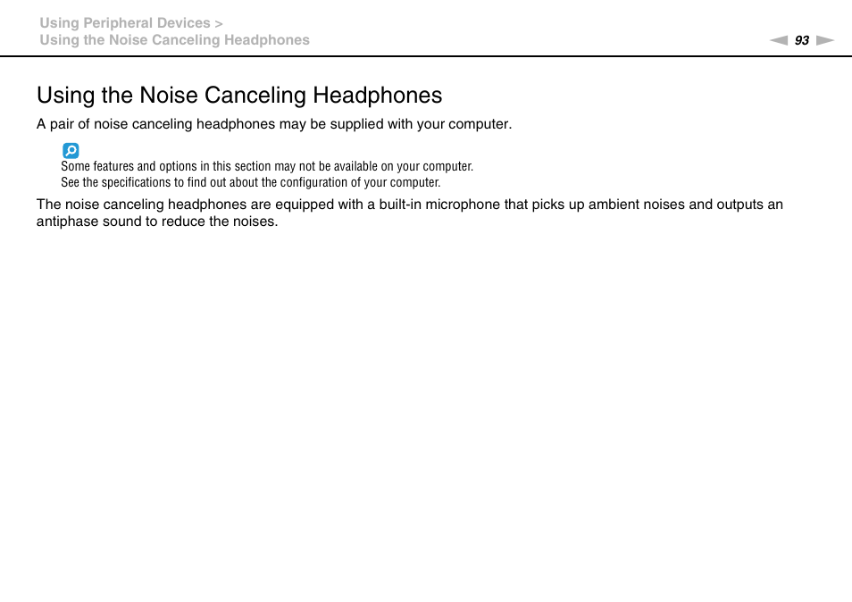 Using the noise canceling headphones | Sony VAIO VPCZ12 SERIES User Manual | Page 93 / 209