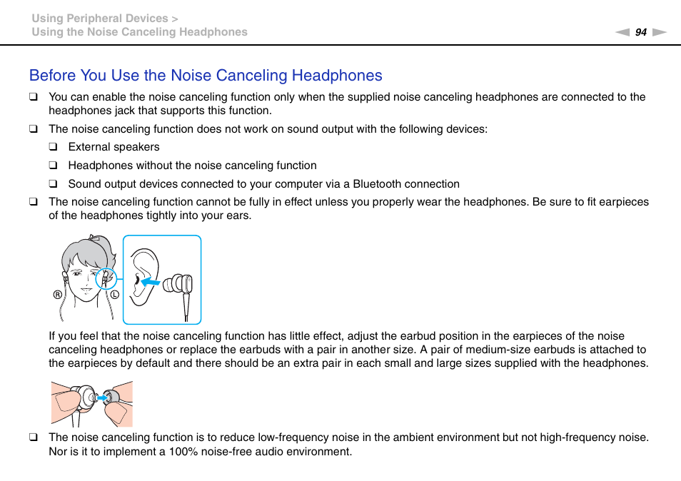 Before you use the noise canceling headphones | Sony VAIO VPCZ12 SERIES User Manual | Page 94 / 209