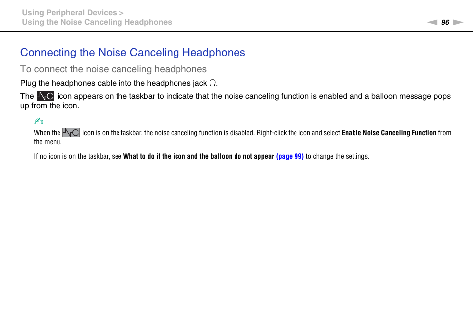 Connecting the noise canceling headphones | Sony VAIO VPCZ12 SERIES User Manual | Page 96 / 209