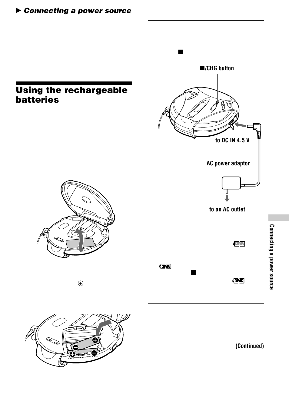 Connecting a power source, Using the rechargeable batteries | Sony D-SJ15 User Manual | Page 17 / 24