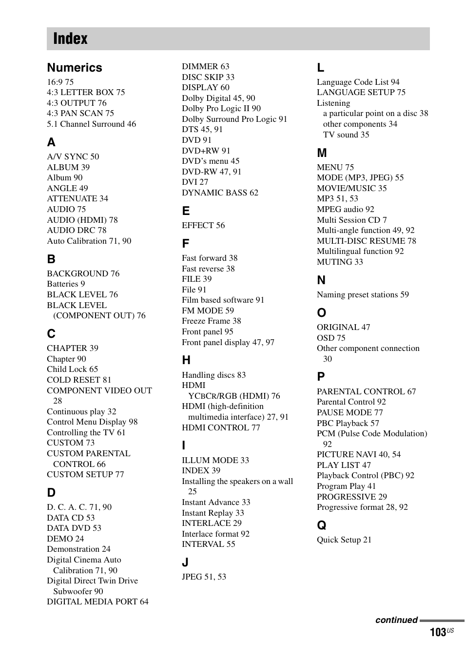 Index, Numerics | Sony DAV-HDX465 User Manual | Page 103 / 108