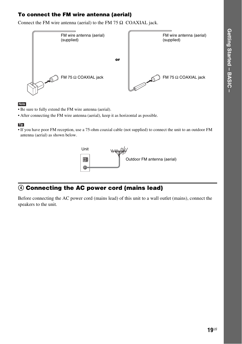 4 connecting the ac power cord (mains lead), 4connecting the ac power cord (mains lead) | Sony DAV-HDX465 User Manual | Page 19 / 108