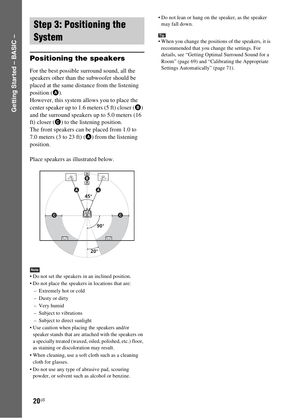 Step 3: positioning the system, Positioning the speakers | Sony DAV-HDX465 User Manual | Page 20 / 108