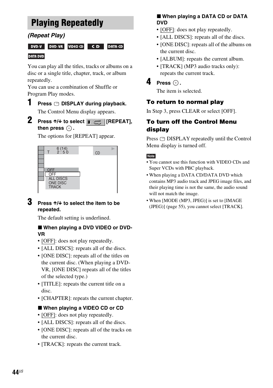 Playing repeatedly, Repeat play) | Sony DAV-HDX465 User Manual | Page 44 / 108