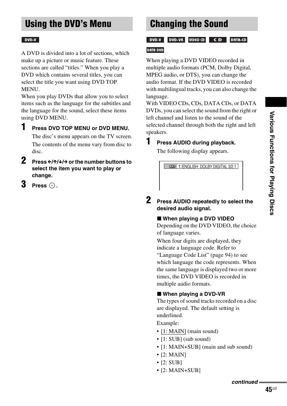 Using the dvd’s menu, Changing the sound, Using the dvd’s menu changing the sound | Sony DAV-HDX465 User Manual | Page 45 / 108