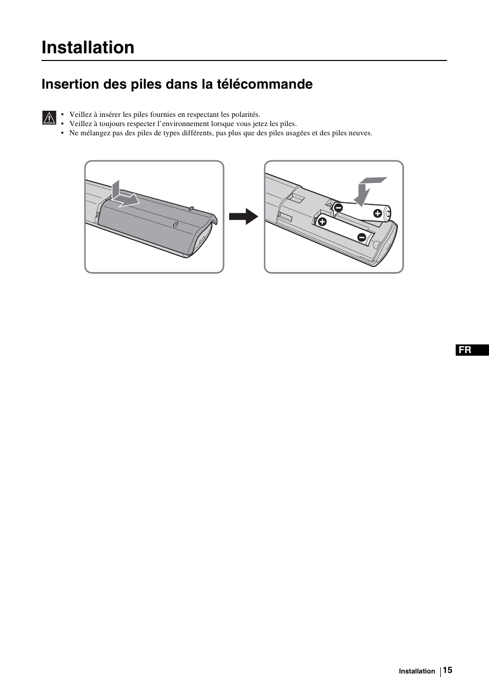 Installation, Insertion des piles dans la télécommande | Sony KE-P37M1 User Manual | Page 117 / 204