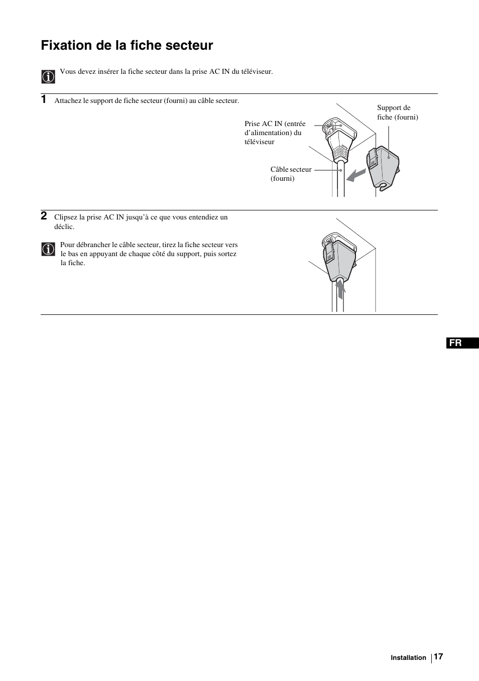 Fixation de la fiche secteur | Sony KE-P37M1 User Manual | Page 119 / 204